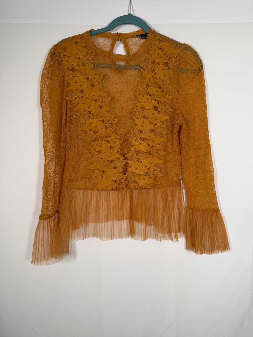 Women's Burnt Orange Fairy Grunge Forest Blouse Fall Autumn Sheer Lace Leaves